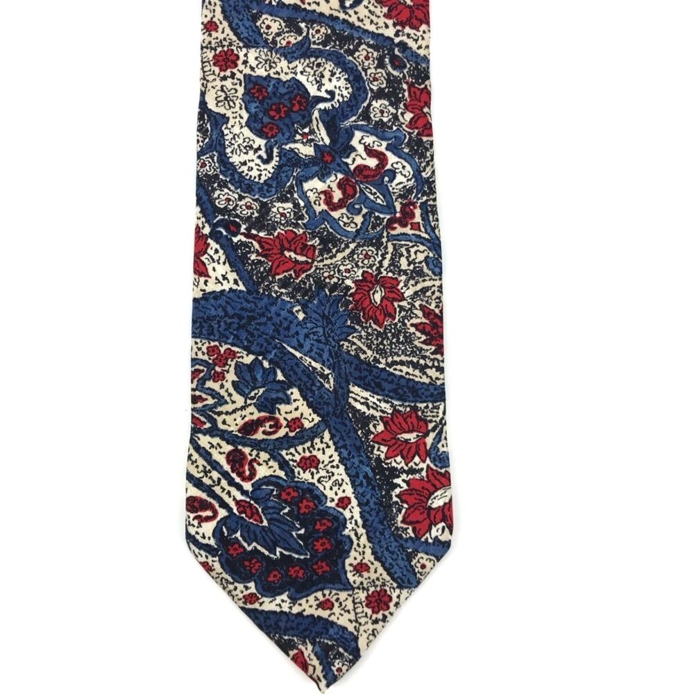 Hubert Milano 100% Silk Necktie Leaves Floral Beige Red Blue Pattern Print Italy